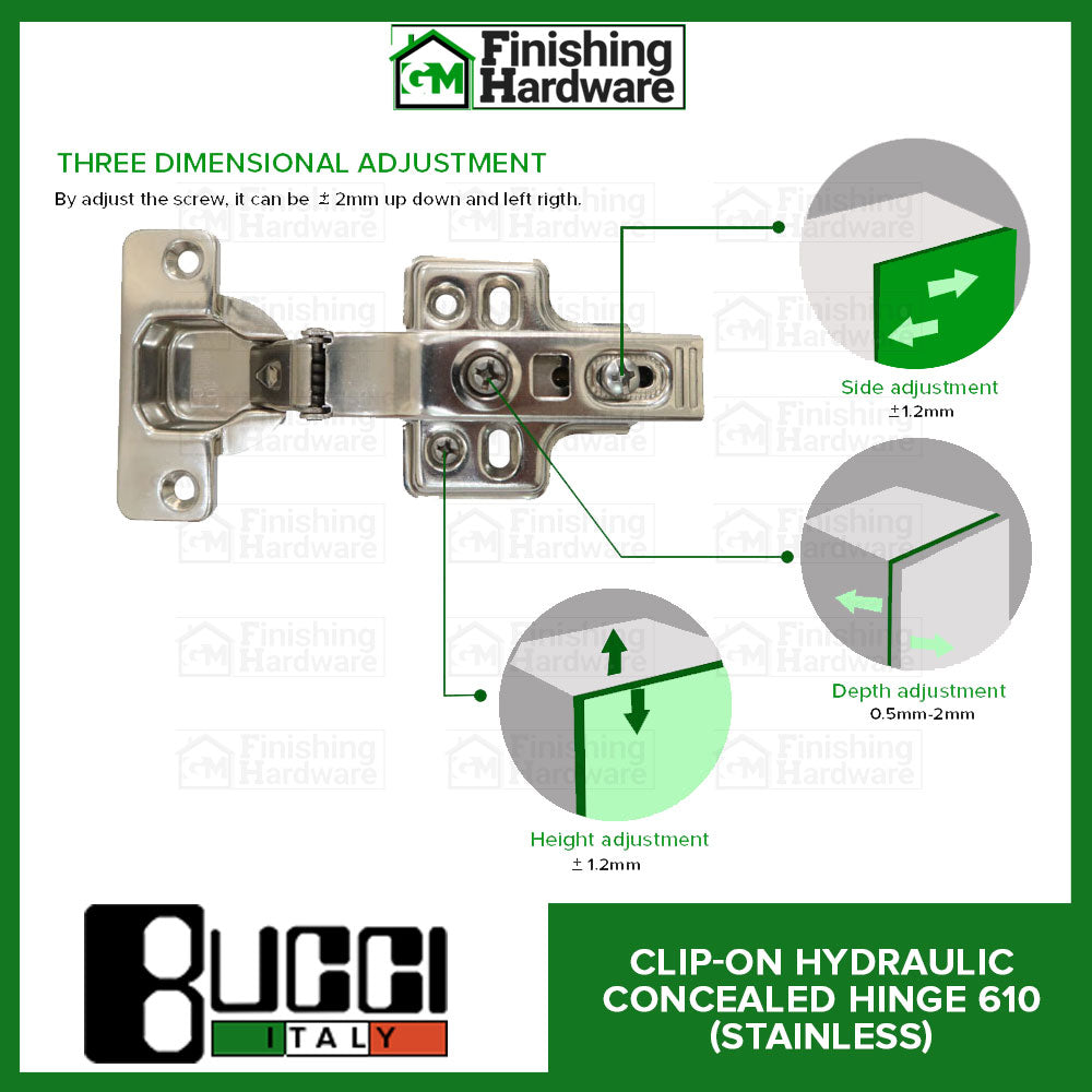BUCCI Stainless 304 Clip-On Hydraulic Concealed Hinge 610 (1pc)