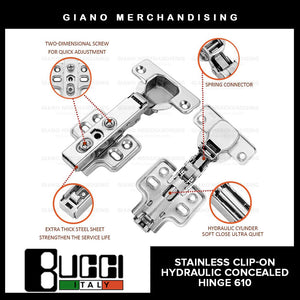 BUCCI Stainless 304 Clip-On Hydraulic Concealed Hinge 610 (1pc)
