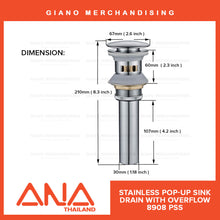 Load image into Gallery viewer, ANA Pop-Up Sink Drain 8908 PSS
