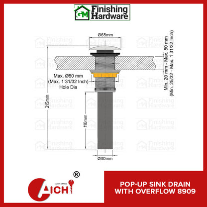 Aichi Pop-Up Sink with Overflow Drain 8908 PSS