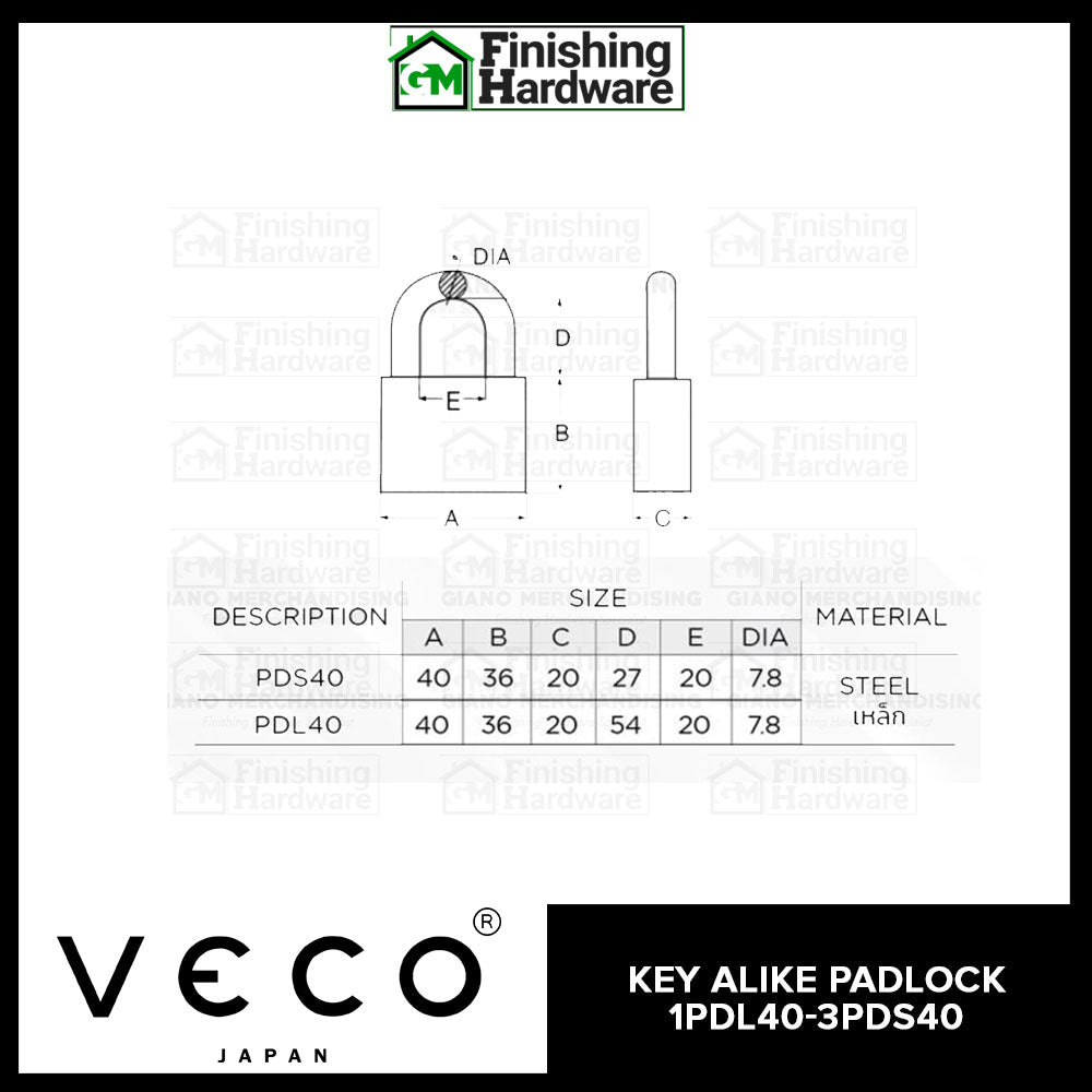 Veco Key Alike Padlock 1PDL40-3PDS40