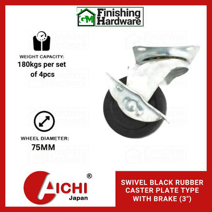 Black Rubber Caster Plate Type with Brake