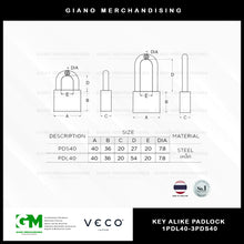 Load image into Gallery viewer, Veco Key Alike Padlock 1PDL40-3PDS40
