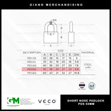 Load image into Gallery viewer, Veco Short Nose Padlock PDS (50MM)
