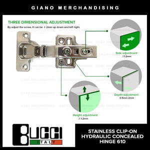 BUCCI Stainless 304 Clip-On Hydraulic Concealed Hinge 610 (1pc)